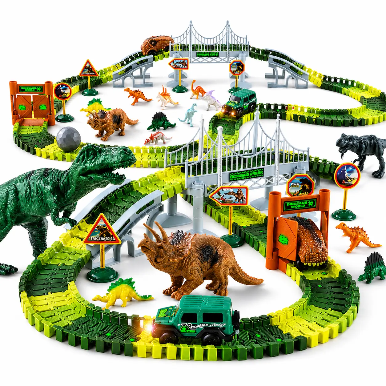 215 PCS Dinosaur Track Set for Kids, Dinosaur Race Track Playset with Battery Operated Car, Dinosaur Figures, Bridge, Gate & Adventure Accessories, Boys Girls Gift