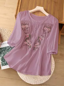 Plus Size Women's Embroidered Round Neck Half Sleeve Shirt Blouse, Casual Fashion Top for Spring & Fall, Comfortable Fit for Daily Wear