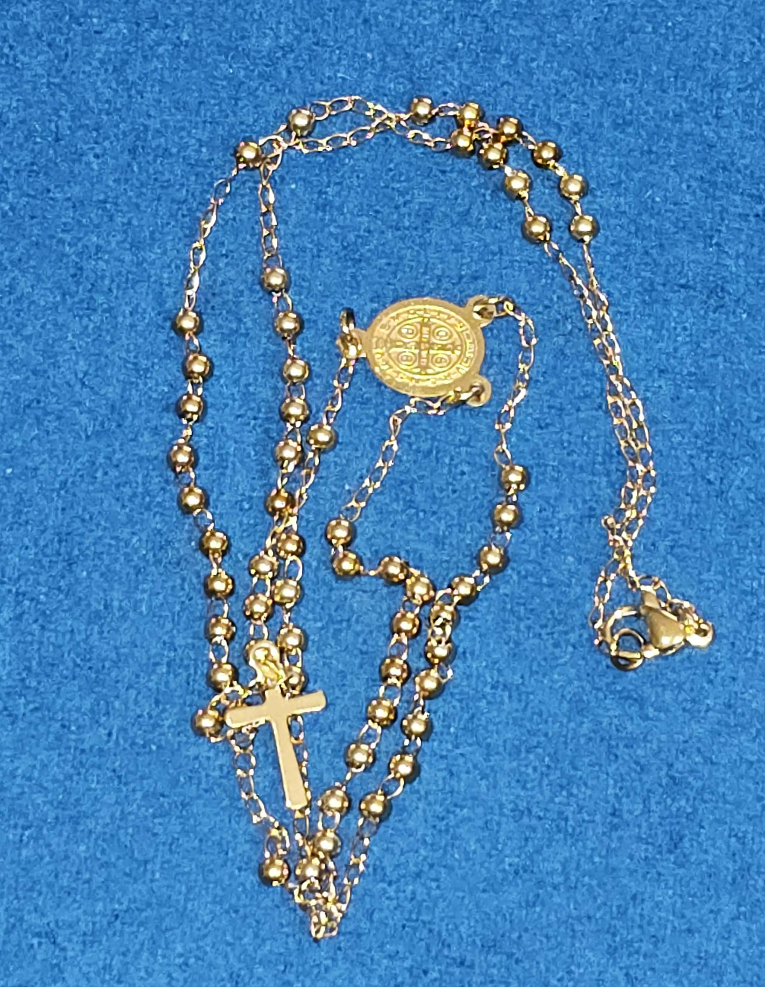 Religious small bead rosary for catholic praying-18-inch long-stainless steel 18 karat copper gold plated water resistant