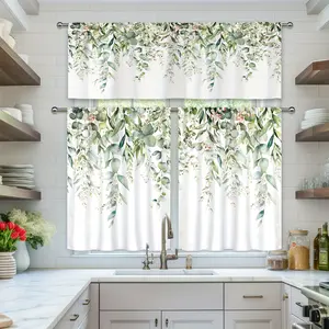 SoftHaven Home 3PCS Sage Green Eucalyptus Leaf Window Curtains - Made in USA, Rustic Watercolor Vintage Floral Art Style Farmhouse Artificial Fabric Polyester Rod Pocket Set, Ideal for Home Decor (Kitchen, Living Room), Farmhouse Curtains