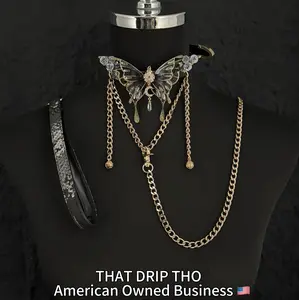 ThatDripTho Jingle and Flutter Butterfly Charm Leather Collar with Bells & Chain Leash Set - Adjustable Choker for Alt Fashion & Cosplay