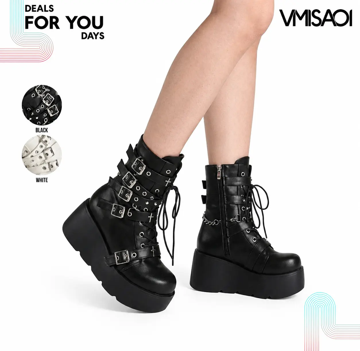 Ankle Boots For Women Round Toe Platform Wedge Heel Metal Chain Buckles Side Zipper Punk Rave Y2K  Cyber E-Girl Party Concert  Motercycle Riding Festival Casual Street Style Trendy Gothic Fashion Booties Deals For You Days