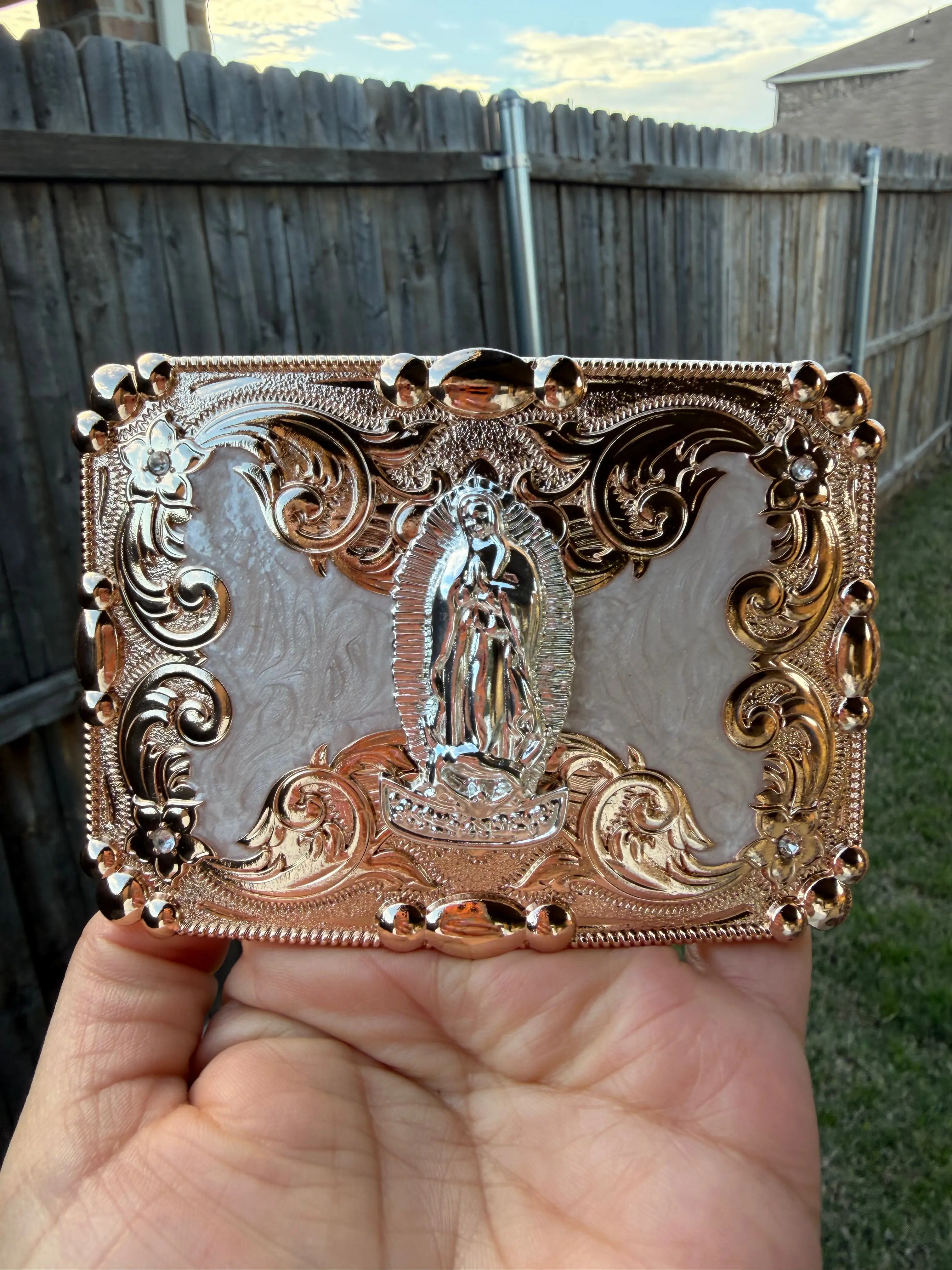 Men's Western Belt Plate with Guadalupian Icon, Handcrafted Fashionable Decorated Accessory with Religious Imagery for Cowboy and Rodeo Wear, Fashionable Buckle Decorated, Virgin Motif, Authentic Craftsmanship
