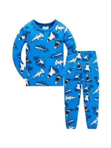 Boys' New Shark Print Homeewear Long Sleeve Pajama Set, Skin-Friendly Breathable, Fitted H-Type, Casual All Seasons Sleepwear, Soft Casual Pajamas