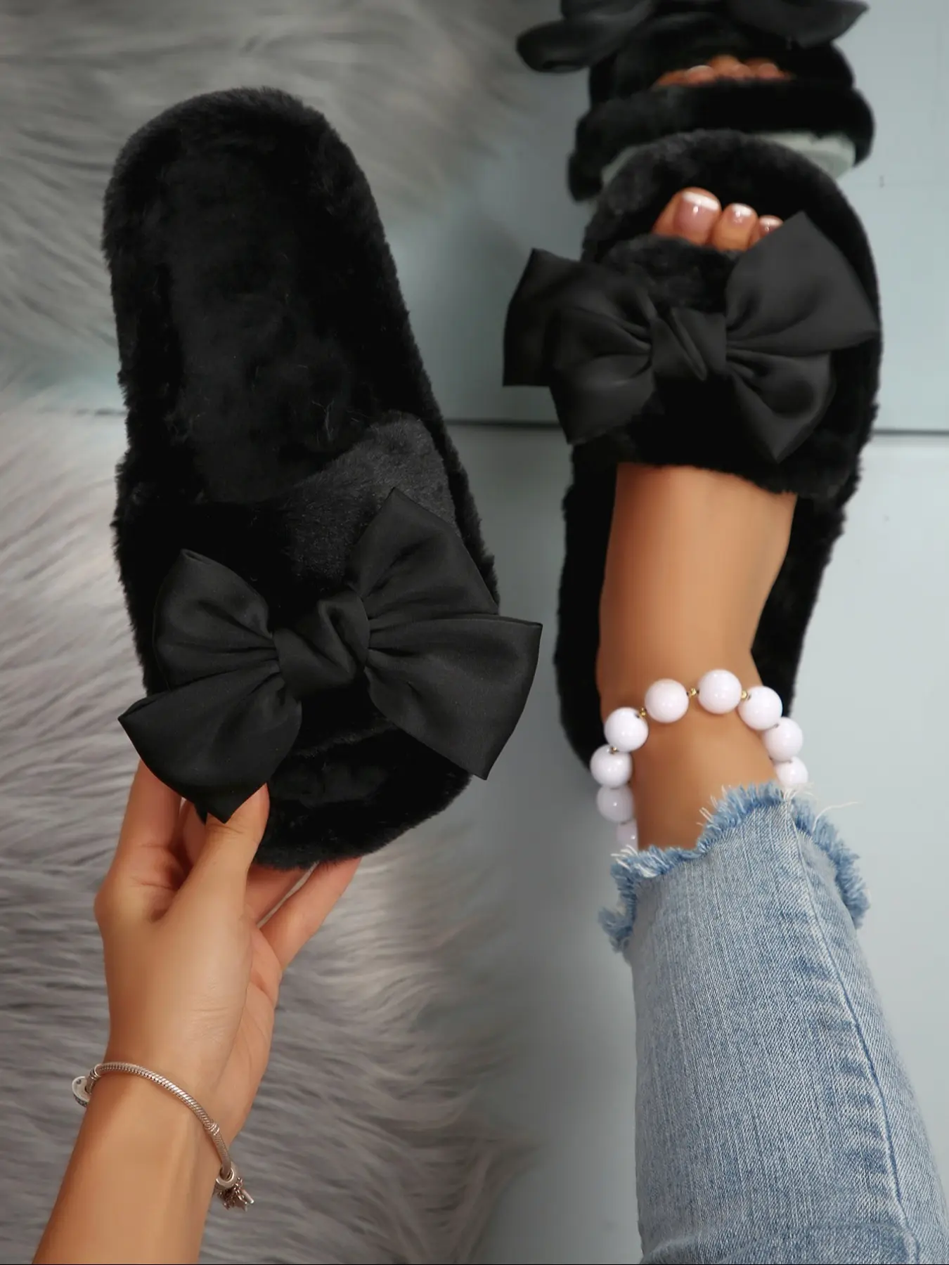 Women's New Fuzzy Home Slippers, Cozy House Slippers, House Shoes, Slippers Indoor, Fashion Bowknot Decor, Soft Plush, Soft Faux Fur, Rubber, One-Piece Easy Wear, Comfortible Fall & Winter Shoes, Footwear