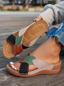 Women's Summer Sandals, Casual Open-Toe, Thick Rubber Sole, Leaf Decoration, PU Leather Upper, Tpu Sole, Less Than Ankle Height