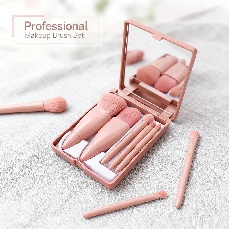 Vegan 5-Piece Soft Makeup Brush Set - Cosmetic Tool Kit, Powder Pink Synthetic Bristles, Compact Box with Mirror, Travel-Friendly Full Face Purse Essential, Makeup Brushes Set, Christmas, Birthday, Foundation Brush Set