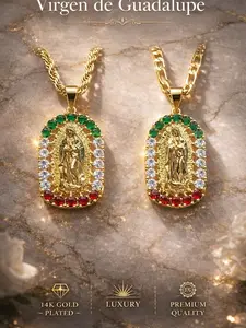 14K Gold Plated Virgin of Guadalupe  20/6mm or 24/4mm Figaro Link/Rope Torch Chain Necklace Cubic Zirconia Jewelry Micro Pave Sparkling Stones Religious Pendant