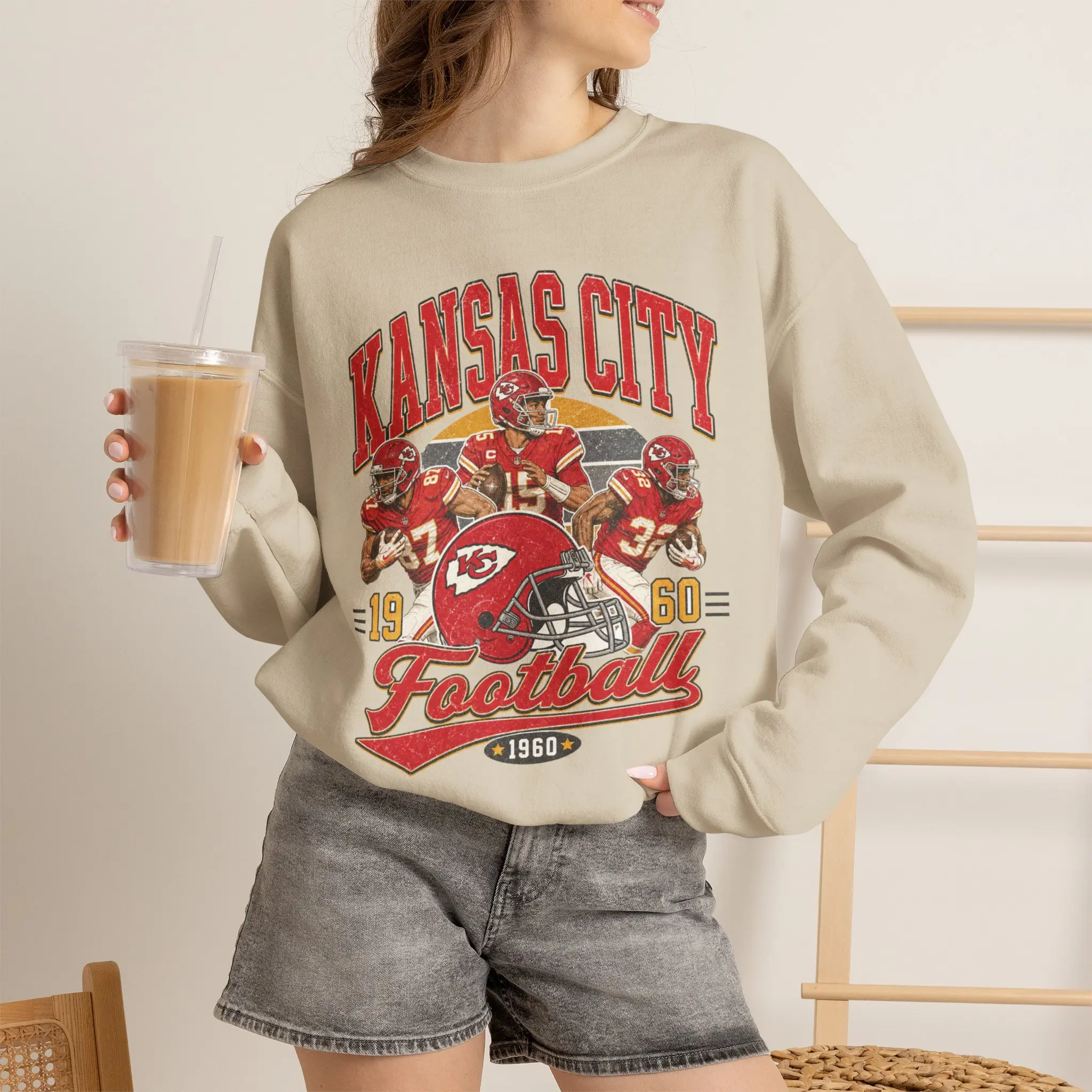 Kansas City Football Crewneck Sweatshirt | Vintage Chiefs Helmet Players