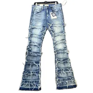 Men's Blind Trust Stacked Jeans with Distressed Design and Brand Tag