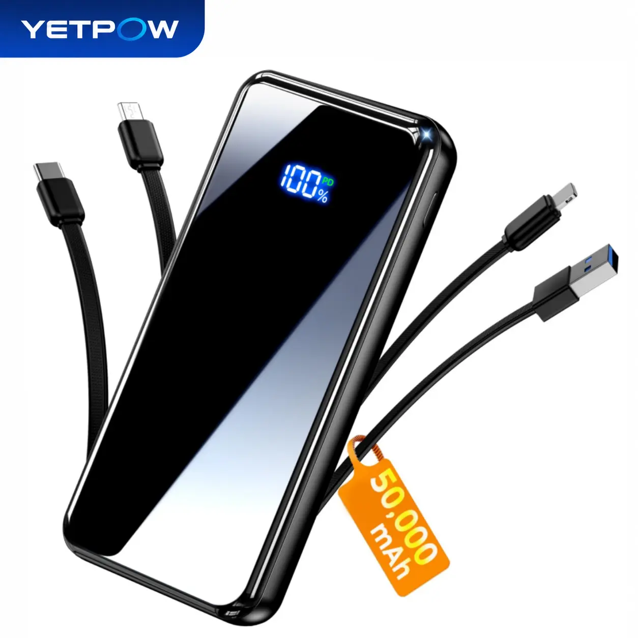 YETPOW Portable Charger, 50000mAh Power Bank Built-in Cable, 22.5W PD USB C In & Out Fast Charging, External Battery Pack with 6 Output & 2 Input, Travel Phone Charger for iPhone 17/16/15/14/13/12,back to school