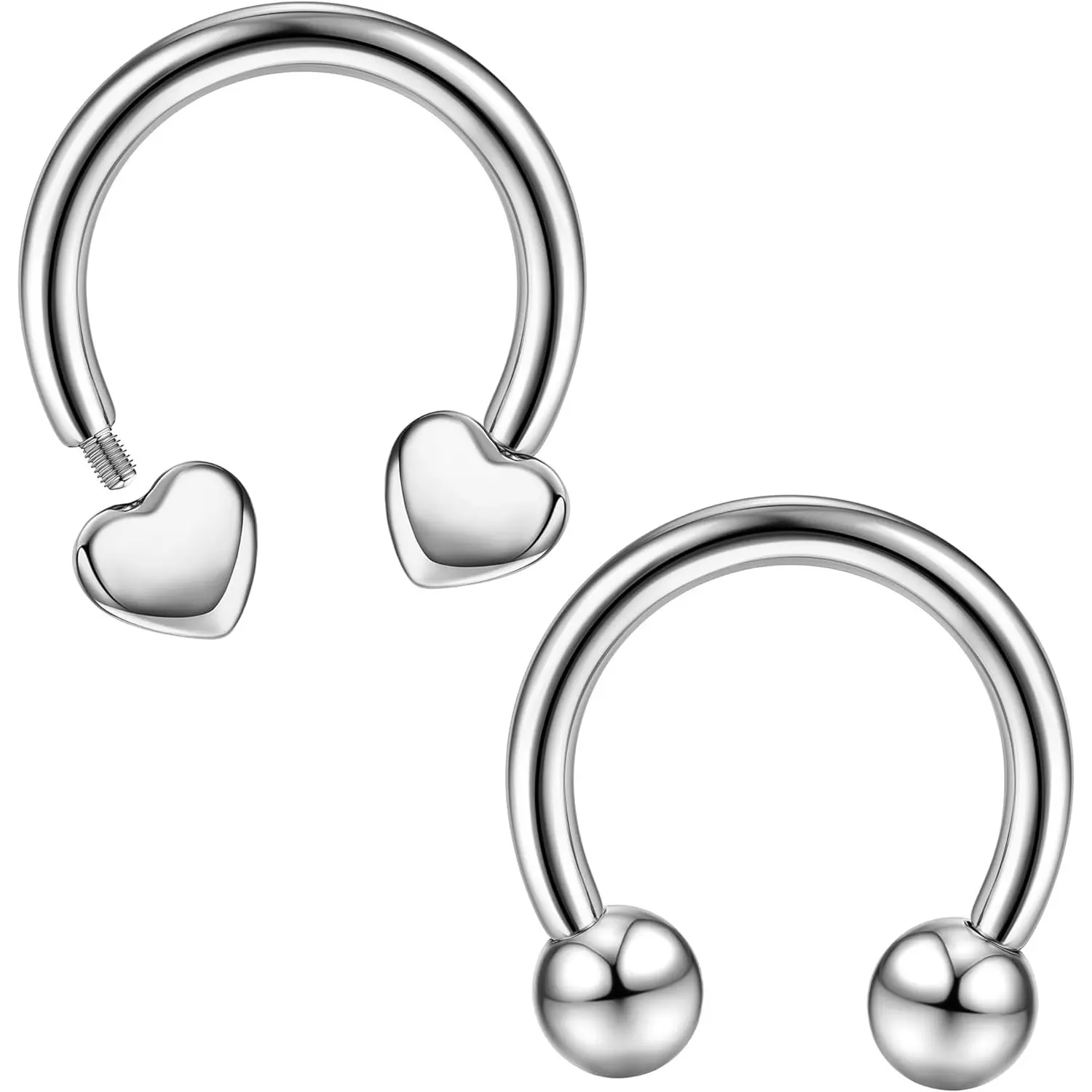 Milacolato 2Pcs 16G Septum Piercing Jewelry, Implant Grade Titanium Metal Horseshoe Rings with Ball & Heart for Nose, Helix, and Eyebrow Ring, Female, Double Helix Piercing Jewelry, Daily Wear, Men/Women