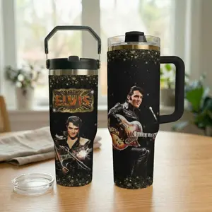 King Of Rock N'Roll 40oz 30oz Tumbler With Handle, Rock And Roll Tumbler, Guitar And Photo Collage Stainless Steel Cup, Gift for Rock Lover