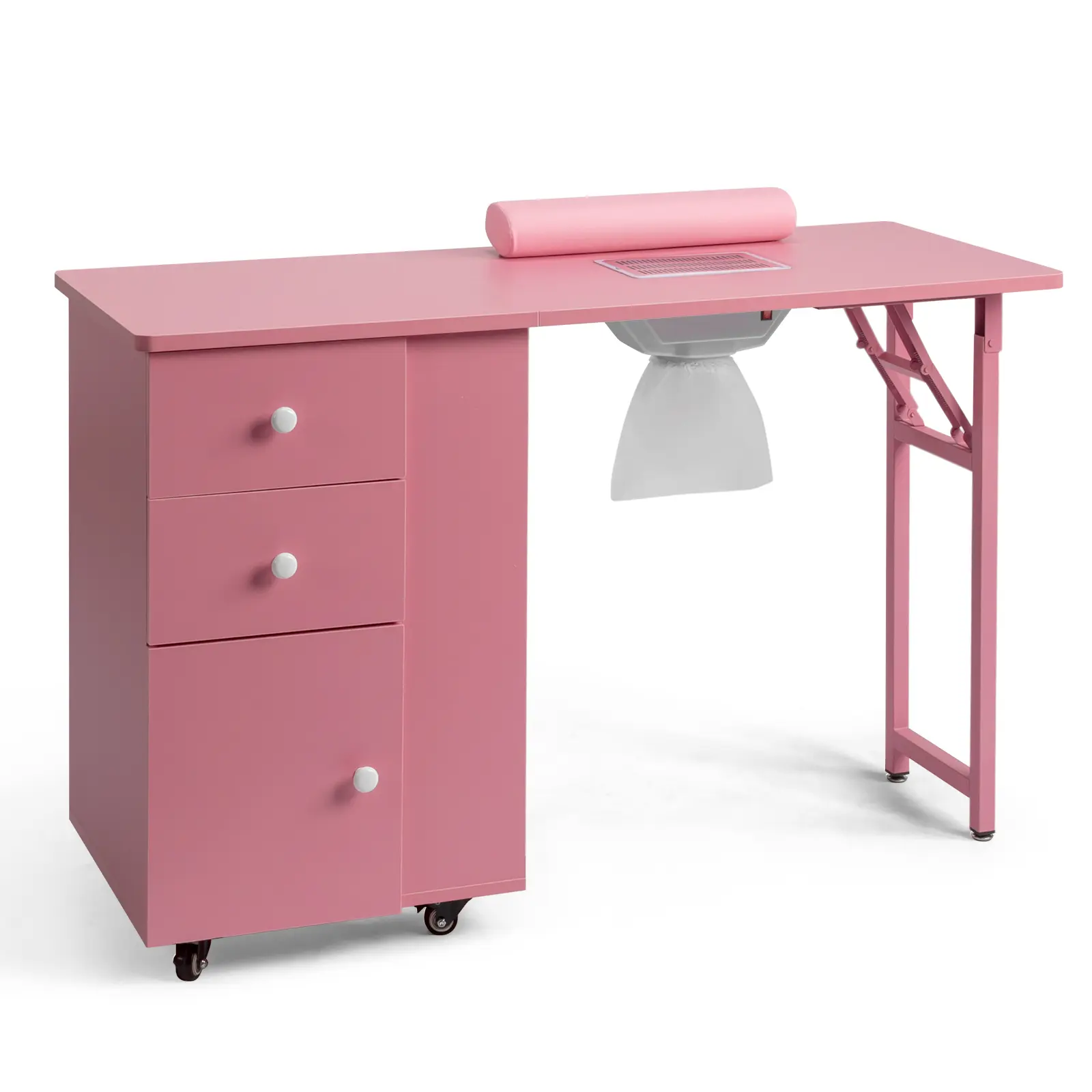 Pink MDF Folding Manicure Nail Desk Station With Hand Rest Pillow, Dust Collector Cutout, Rolling Cabinet With 2 Drawers & 1 Door, Foldable Leg Portable Nail Work Table For Salon Home Nail Art Beauty