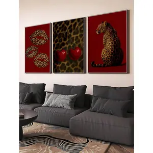 3pcs Vintage Red Leopard Print, Leopard Lip Print, Cherry Pattern, Retro College Style Cute Animal Art Painting Posters, 2D Wall Stickers, Suitable For Bedroom, Living Room, Office, Dining Room, Kitchen, Study, Corridor, Dormitory, Bathroom