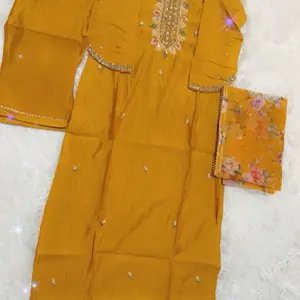 Mustard Yellow Punjabi Suit with Floral Dupatta Casual Women's Dress for Summer Comfort and Basic Style - Minimalist, Womenswear
