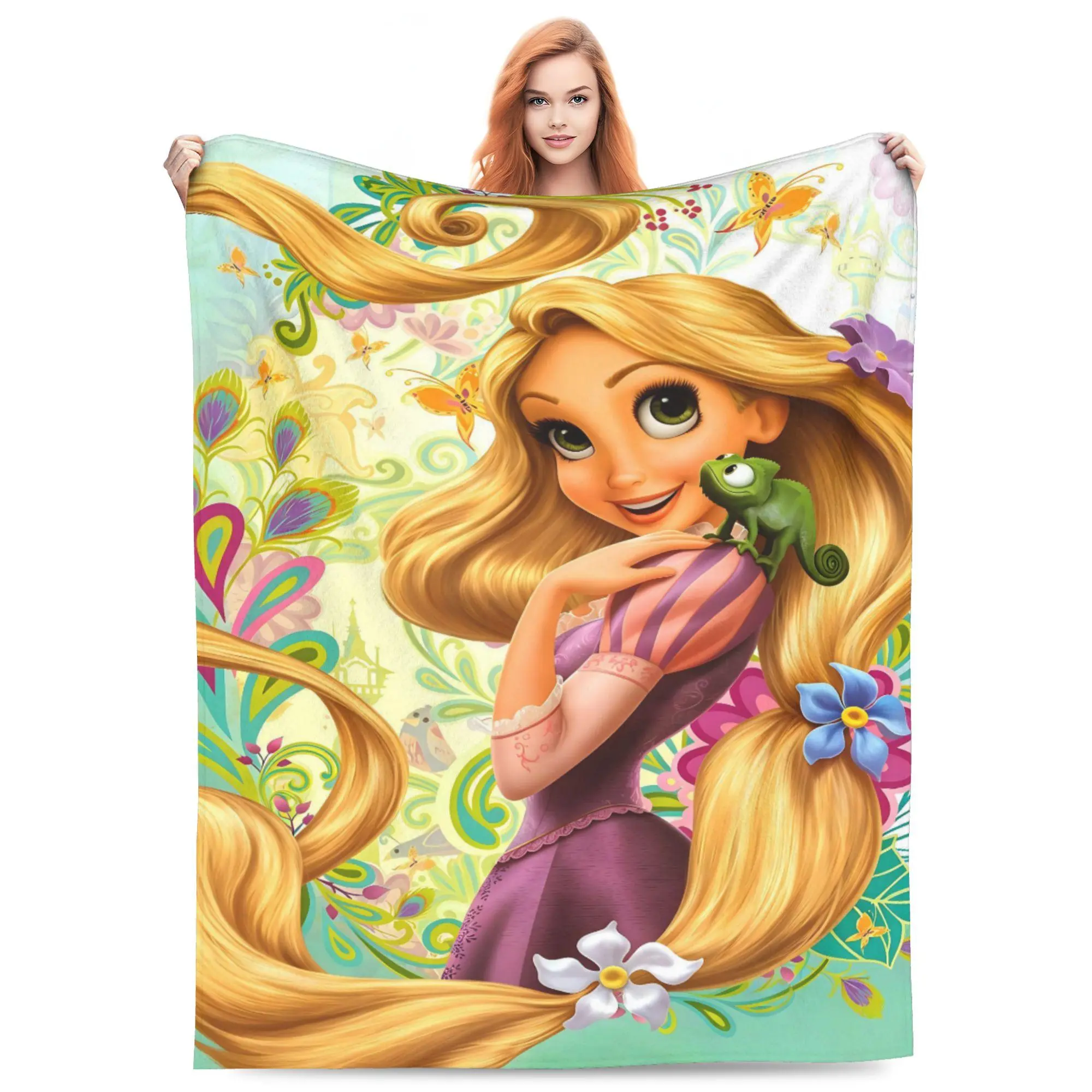 DISNEY CLASSIC Soft Flannel Throw Blanket Tangled Rapunzel Pascal Chameleon Floral Butterfly Cartoon Print Lightweight Cozy Fleece Blanket, Colorful Garden Castle Pattern Warm Decor Blanket for Sofa Couch Bed Camping Girls Kids Women Birthday Holiday Gift