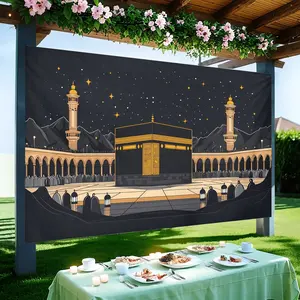 Elegant Polyester Hajj Party Banner, Back Drop, Kaaba and Celestial Design, Easy to Hang, No Power Needed, Perfect for Garden and Living Room Decor