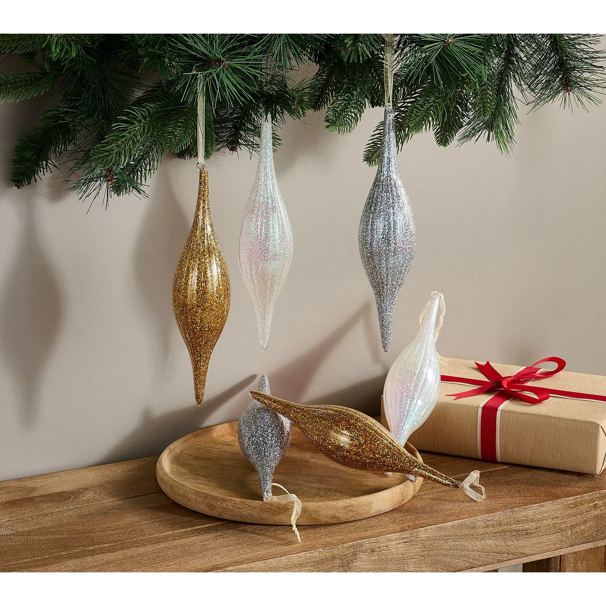 Fierce Home Set of 6 Glitter Finial Ornaments with Giftbox