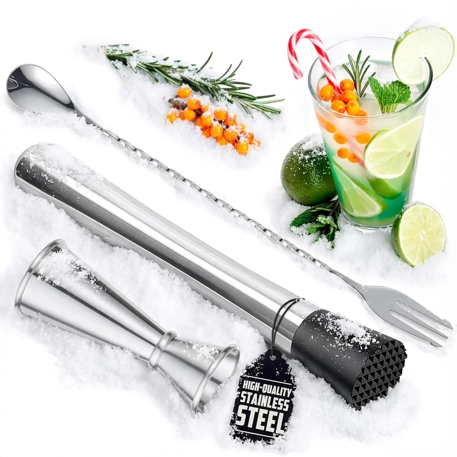 3Pcs Muddler for Cocktails Set - Bar Muddler Tool with Sturdy Head, Versatile Cocktail Spoon & Jigger, Easy to Use & Clean, Stylish Rust-Resistant Stirring Tool - Bar Tools for Drinks Mixing