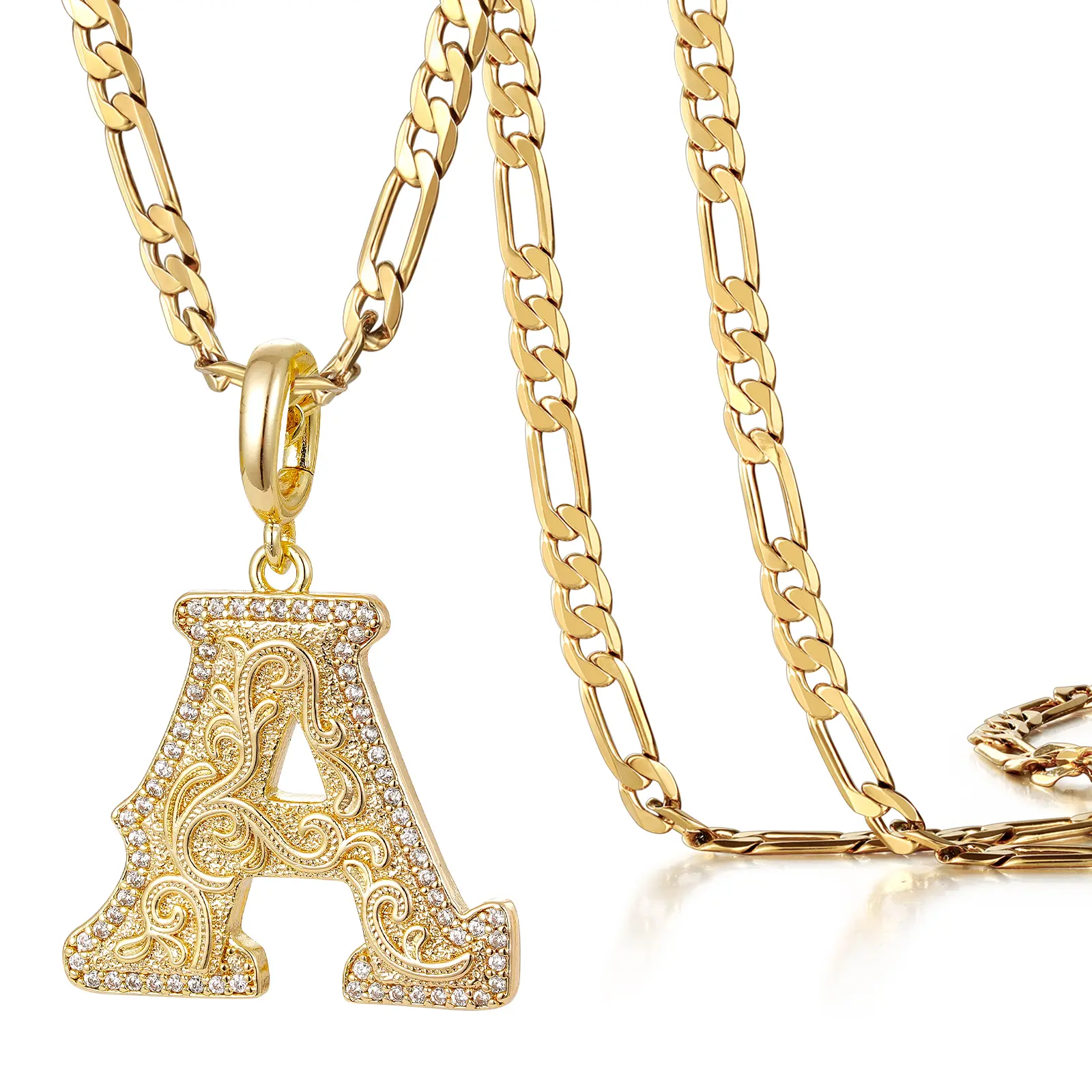 KissYan Gold Initial Letter A Pendant Necklace for Women, Vintage Figaro Chain CZ Diamond Alphabet Necklace 18K Gold Plated Personalized Jewelry Gift TikTokShopBackToSchool