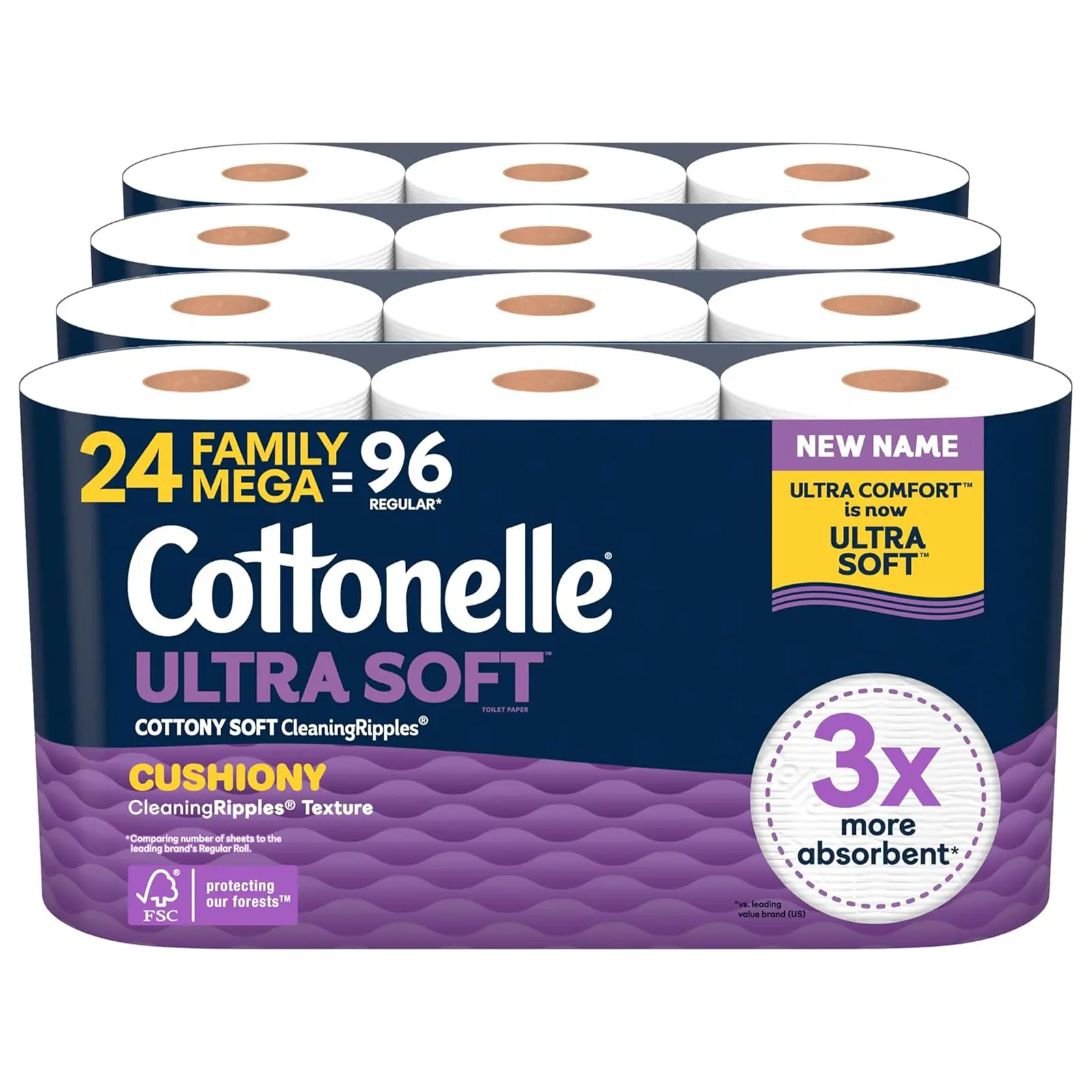 Cottonelle Ultra Soft Toilet Paper with Cushiony CleaningRipples Texture, Strong Bath Tissue, 24 Family Mega Rolls = 108 Regular Rolls (4 Packs of 6)