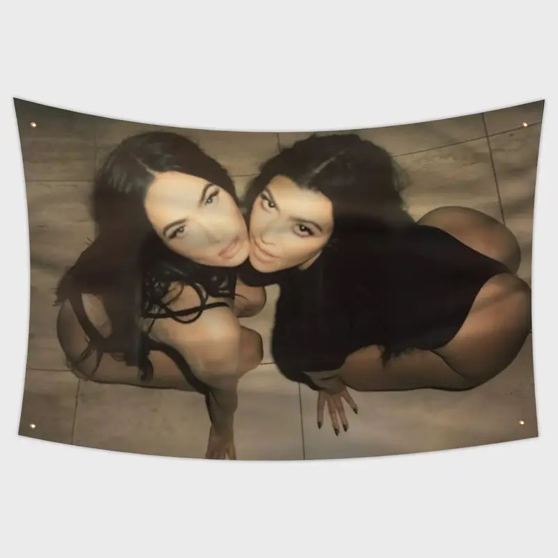 Kourtney Kardashian and Megan Fox Flag Tapestry, Alternative Aesthetic Wall Banner, Y2K Rockstar Girl Room Decor, Bold Attitude Poster