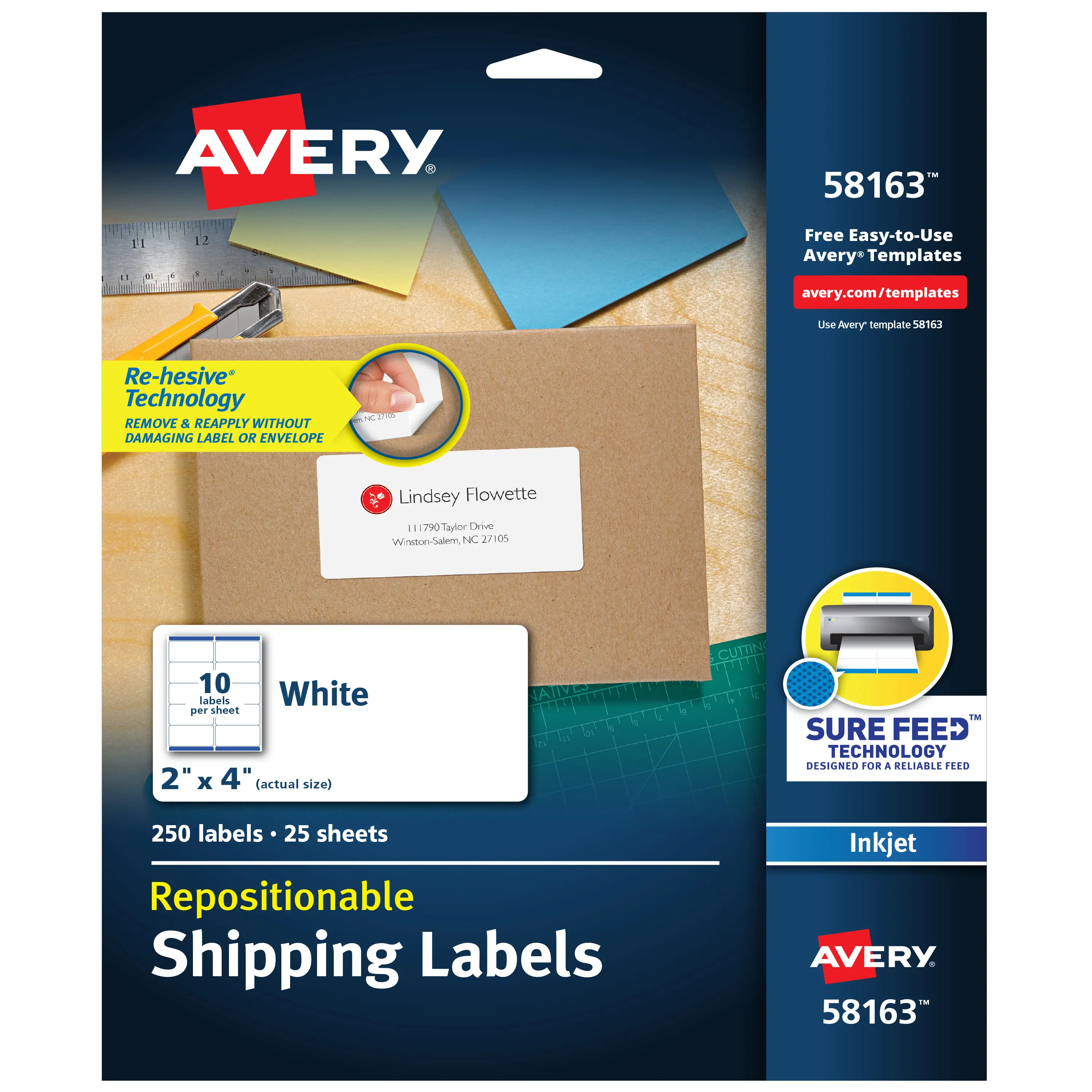 Avery Inkjet Repositionable Shipping Labels - Sure Feed Technology, Customize with Free Templates & Designs, 2"x4", 250 Labels (58163), Reapply
