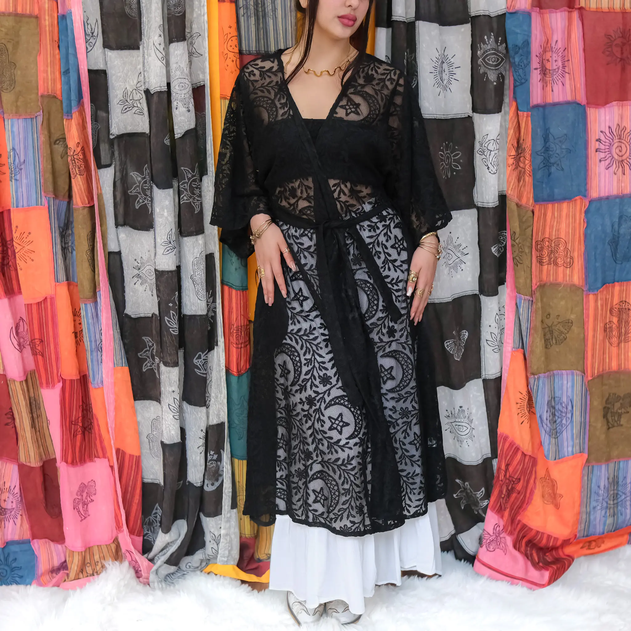 Sheer Celestial Lace Kimono Cardigan with Pockets , Moon & Star Boho Duster, Festival Cover Up, Whimsygoth Robe Kimono