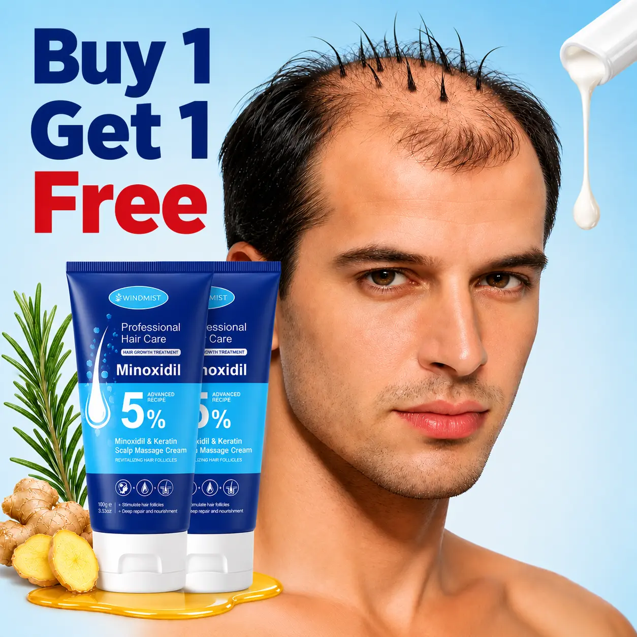 Minoxidil 5% & Keratin Scalp Massage Cream for Hair Growth Treatment Anti Hair Loss Fast Regrowth Serum Scalp Nourishing Strengthening Essence Haircare