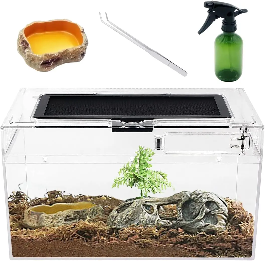 Mini Rectangle Reptile Terrarium Set - Tempered Glass Low Tank with High Hardness Tempered PC Glass, Full View, Exclusive Key, UVB Penetration, Convenient Feeding Port, Ventilation Holes, Easy Wire Management for Reptiles, Insects/Frogs