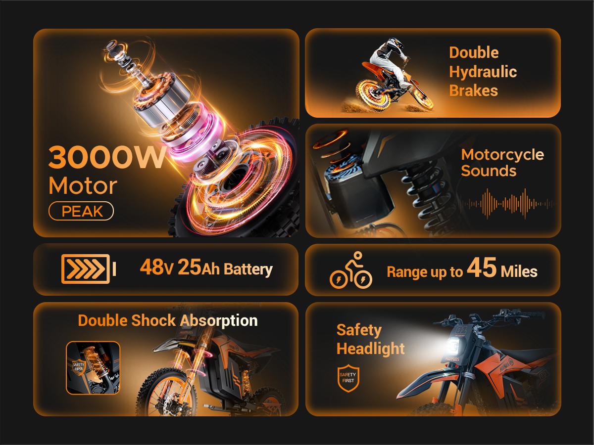 HillMiles MilePop 1 Electric Bicycle — (3000W Peak) Power, equipped with a 48V 25Ah battery, offering a range of 35–45 miles; features hydraulic brakes, a full suspension system, and Bluetooth music functionality; an off-road electric bicycle.