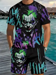 Clown graffiti all-over print, men's 3D digital printed two-piece set, 2Pcs, trendy and fashionable set, trendy retro casual two-piece set, vacation-style trendy outfit, breathable sporty casual style, a perfect holiday gift for men Top
