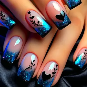 24pcs Long Square Press on Nails, Blue Glitter Ombre with Heart & Leaf, Shiny Reusable Fake Nails for Parties, Holidays, Dates