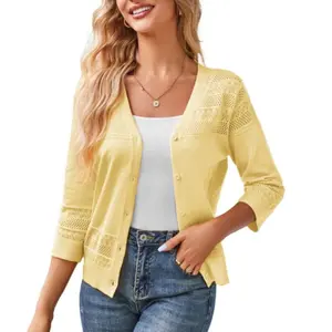【Grace Karin】Women's 2026 Cropped Cardigan 3/4 Sleeve Lightweight Crochet Shrug Hollowed-Out Knit Sweater Tops