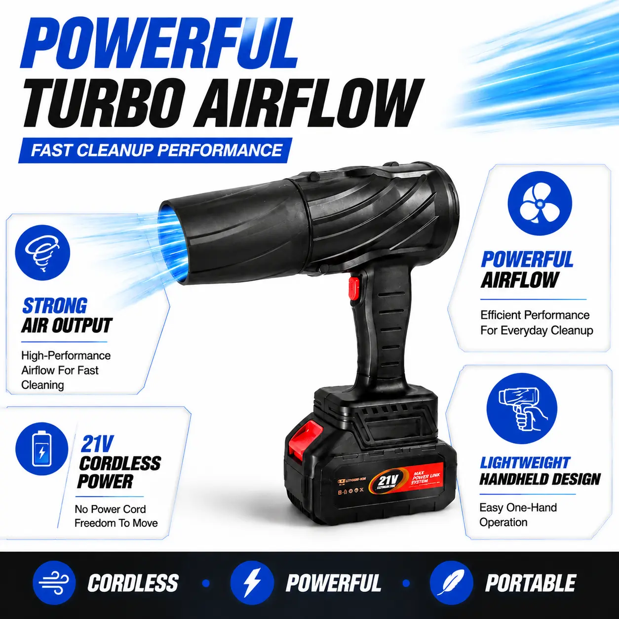 Handheld Cordless Leaf Blower with Handheld Grip, Rechargeable Battery-Powered Electric Blower, Multi-Purpose Garden Tool for Leaf Removal, Patio Cleaning