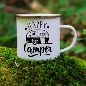Line Art Camper Van Enamel Mug With Happy Camper Design, White Steel Cup, Forest Coffee Cup, Unique Outdoor Camping Gifts, Reusable Camper Mug 12oz/340ml, Drinking Mug