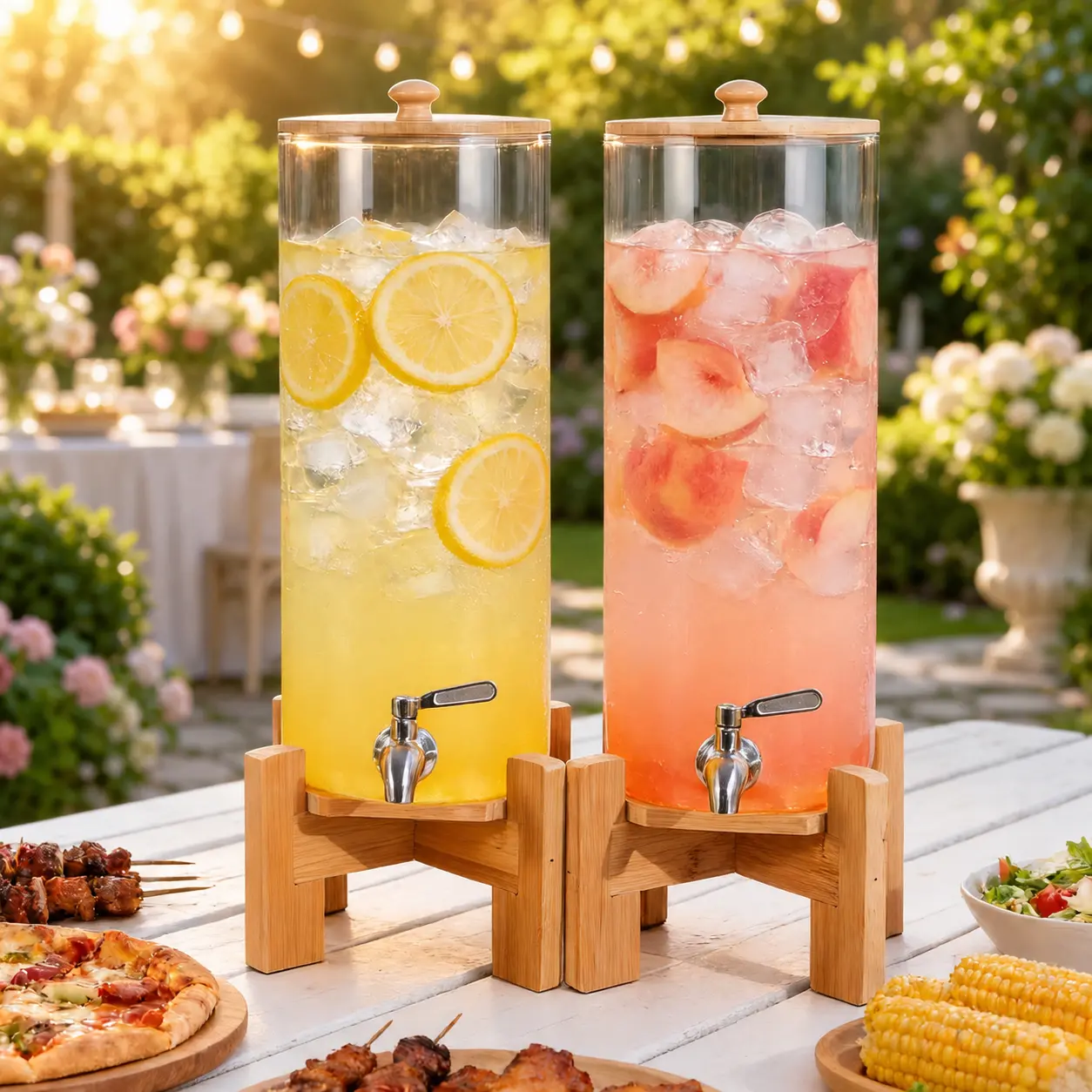2-Pack Glass Beverage Dispensers with Wood Stand & Stainless Steel Spigot - 1.6 Gal & 1.1 Gal Home Storage Jars for Party Drinks, Juice & Tea