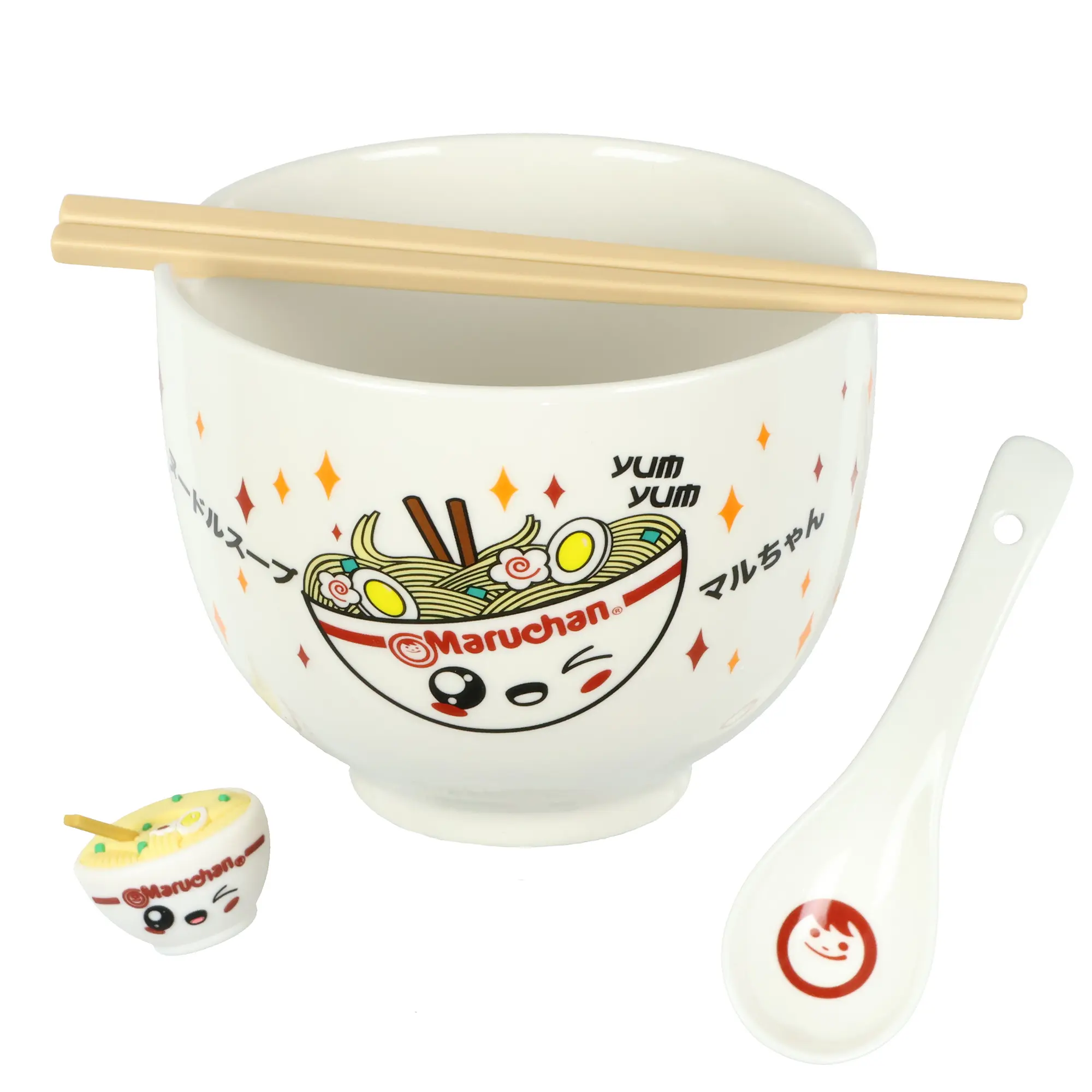 Maruchan Ramen Kawaii Round Tableware Bundle - Sturdy, Reusable, Lightweight Bowl, Spoon, Chopsticks & Chopstick Holder Set, Ceramic