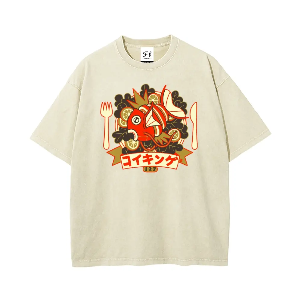 Men's Retro Round Neck Stretch Shortsleeve Tshirt - Pocket Monsters Magikarp Food Plate Graphic, Distressed Oversized Loose Fit, Unisex Anime Cartoon Casual Streetwear Menswear Top