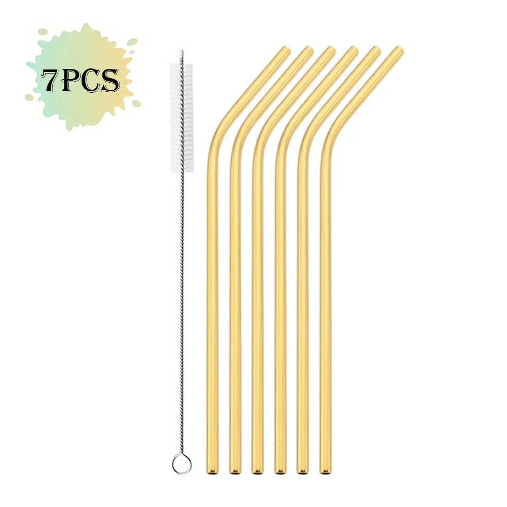 Set of 7 Stainless Steel Reusable Straws, Food Grade Drinking Straws for Bar Beverages, Home Bar Accessories, Includes Cleaning Brush for Easy Maintenance, Easy to Clean, with Straw, Metal Straw