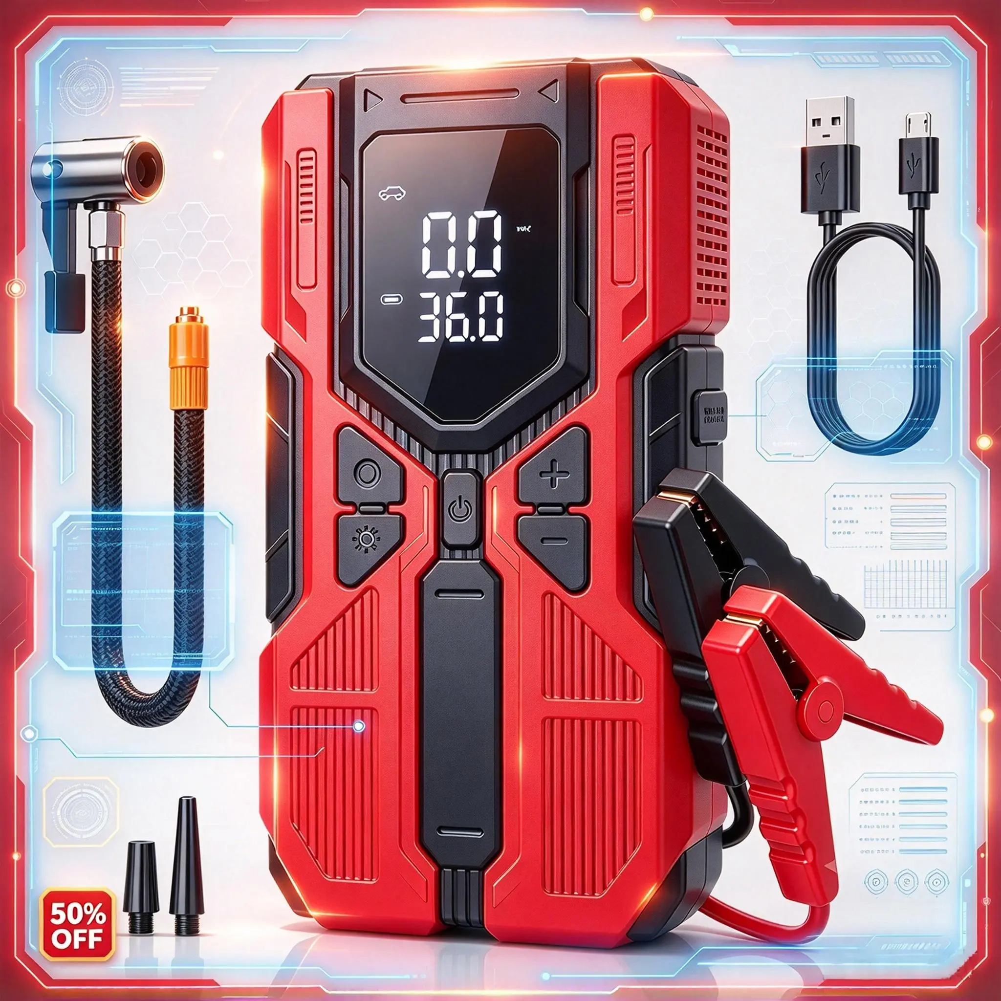 【ToolUpgrade】Portable Car Jump Starter 4000A UltraSafe with 200PSI Tire Inflator, 15000mAh Emergency Starter, Diesel Engines, LED Light, Upgraded Cooling Fan & Motherboard (FCC、CE) - Car Emergency Kits!