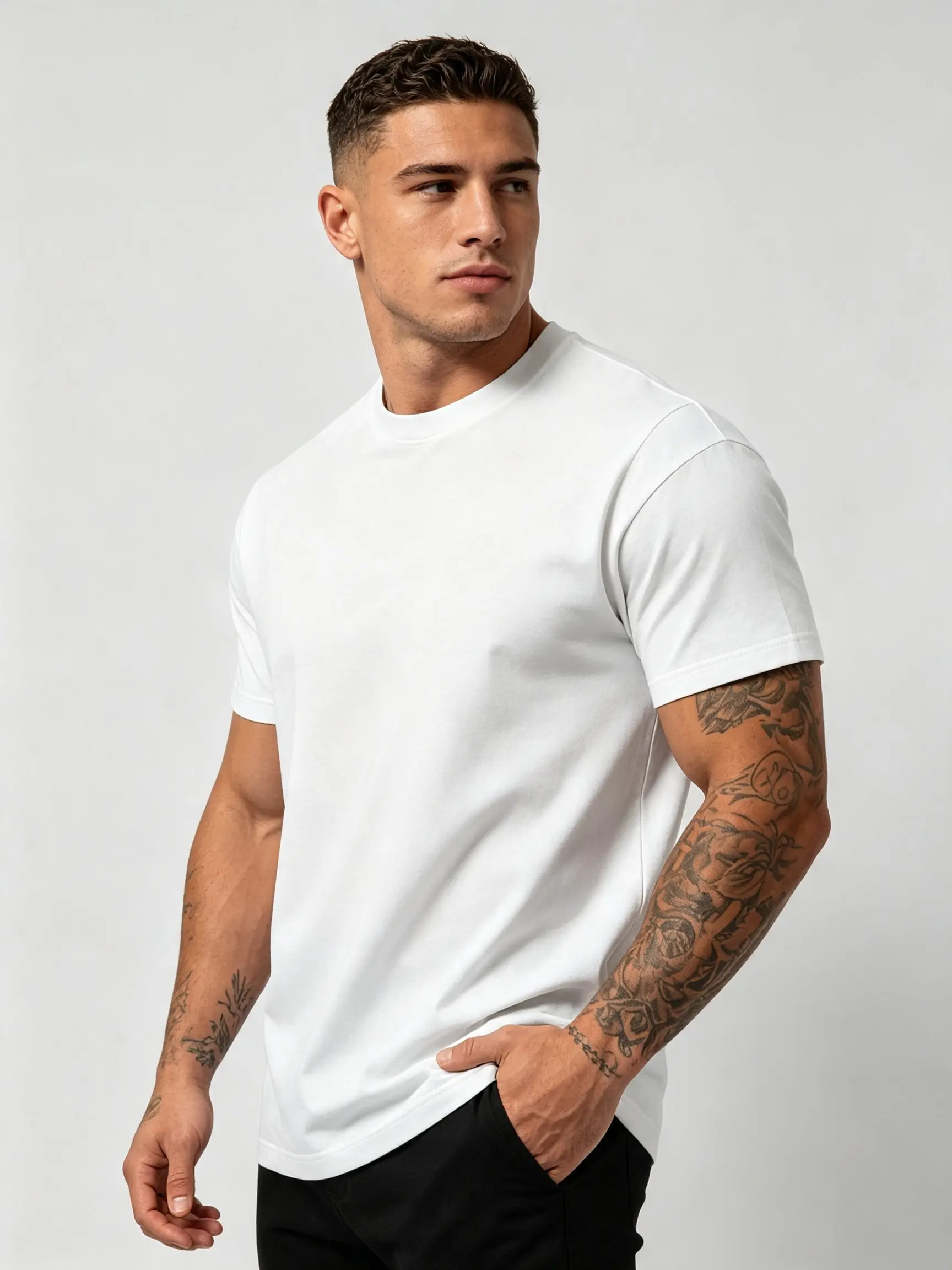 Menswear Cotton Short-Sleeve Round Neck Loose-Fit Unisex T-Shirt, Solid White Plain Crew Neck Blank Basic Top, DIY Printable Casual Base Tee for Summer Daily Outfit