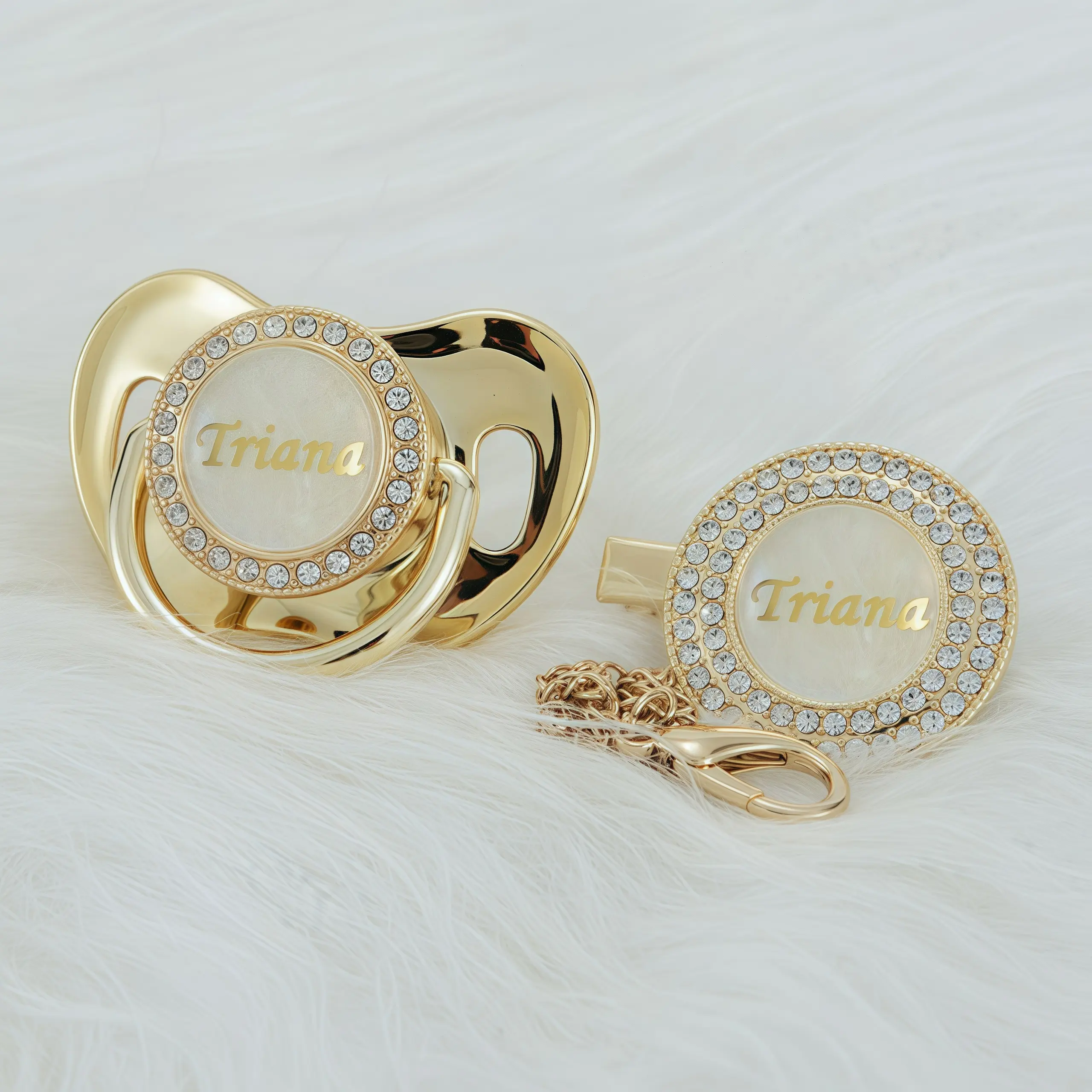 MIYOCAR Custom Gold Bling Diamond Baby Pacifier with Clip Set Personalized for Newborns and Babies Personalized Baby Bling Pacifier gold  pacifier
