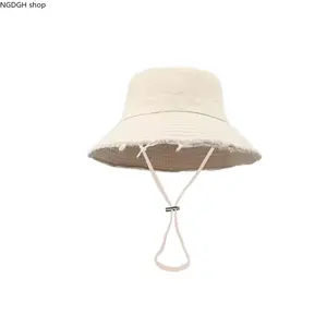 Trendy White Denim Bucket Hat - Distressed Edge Wide Brim Sun Protection Cap with Drawstring, Soft Comfortable UV Blocking Hat for Women Men, Perfect for Beach Vacation Picnic Travel & Casual Chic Style Vintage Herringbone Newsboy