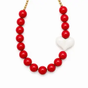 Red Heart Beaded Necklace Chunky Statement with Bold Red Beads and White Heart Pendant for Stylish Outfits