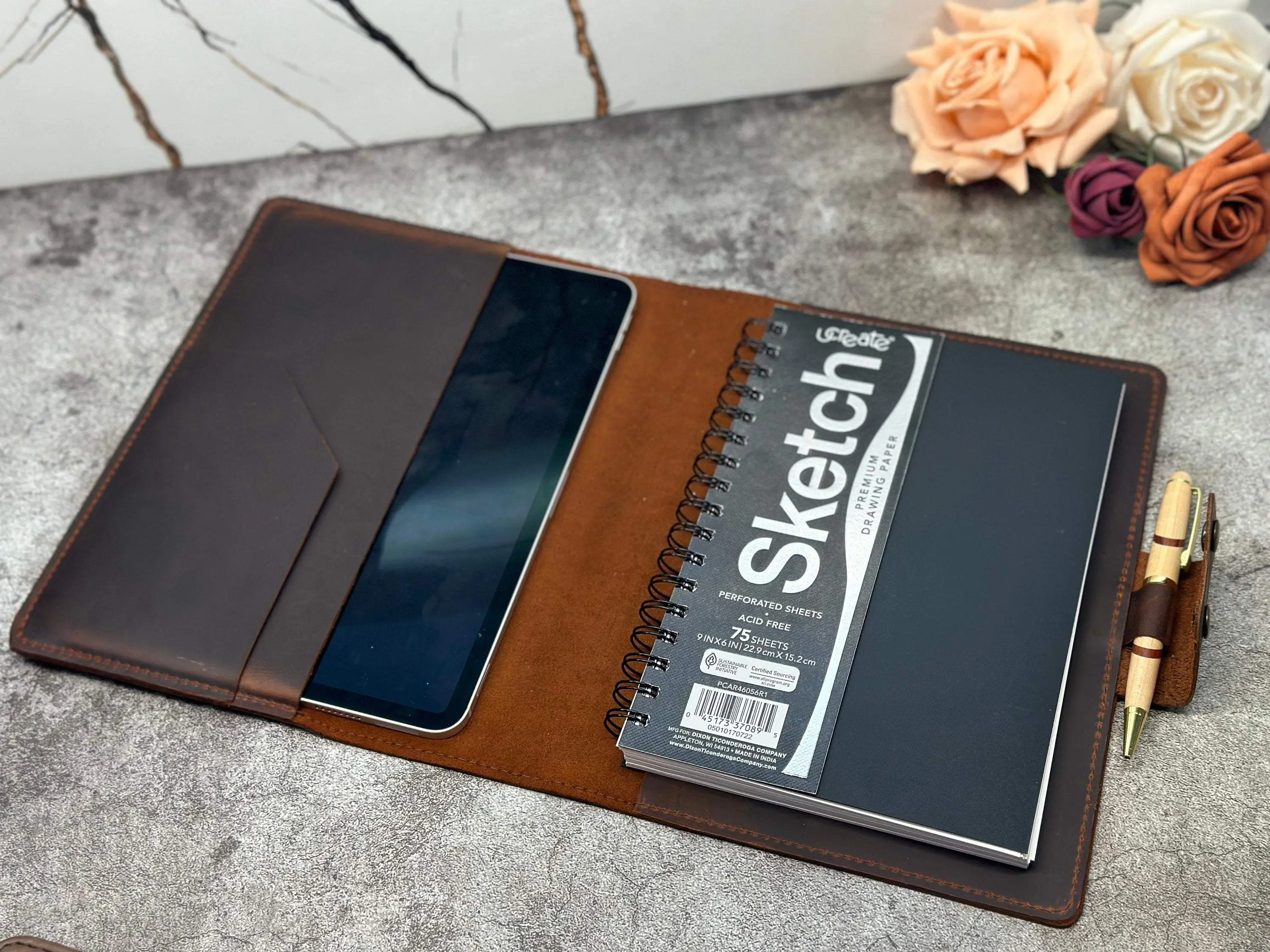 Personalized Refillable Leather Sketchbook Cover - Premium Leather, Customizable with Name/Initials, 10.5x8.5 in/9x6 in Fit, 75 Sheets Capacity, Ink-Compatible, Flat Lay, for Beginning to Intermediate Artists, Office Stationery Notebooks, iPad Cover