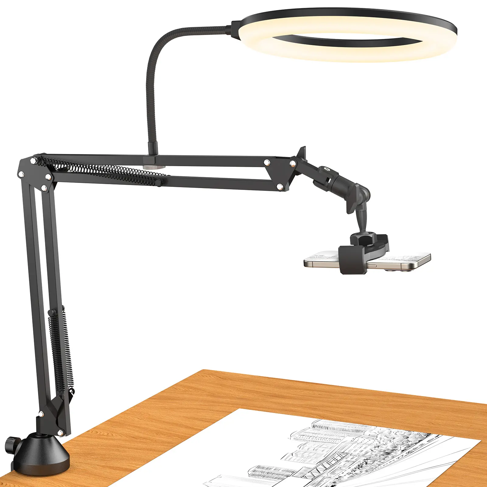 TONOR Overhead 10" Ring Light Kit, Boom Arm & Phone Holder, Adjustable Angle for Recording, Live Stream, Makeup & Nail Art
