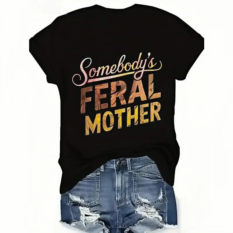Feral Mother Women's Plus Size Casual T-Shirt - Bold Letter Graphic Print, Lightweight Breathable Polyester, Short Sleeve Crew Neck Summer Top for Denim Shorts & Ripped Jeans Outfits, Warm Weather Apparel, Playful Design, Quickdrying Fabric tik women