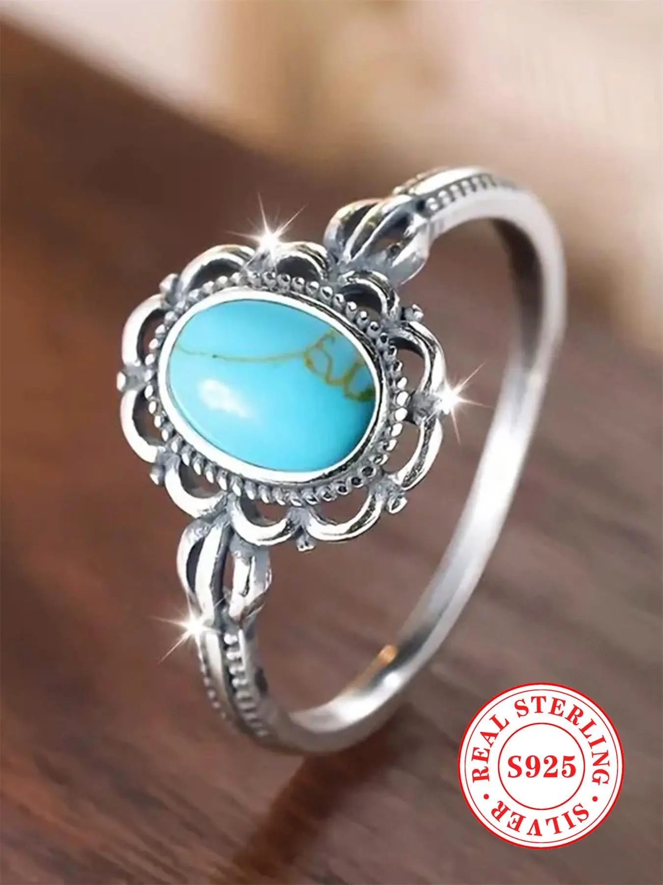 S925 Sterling Silver Vintage Style Turquoise Decorated Ring As Gifts, Fashion Jewelry Back To School, Promise Vintage Ring Jewelry for Birthday Gift, with Box Promise Ring for Gf